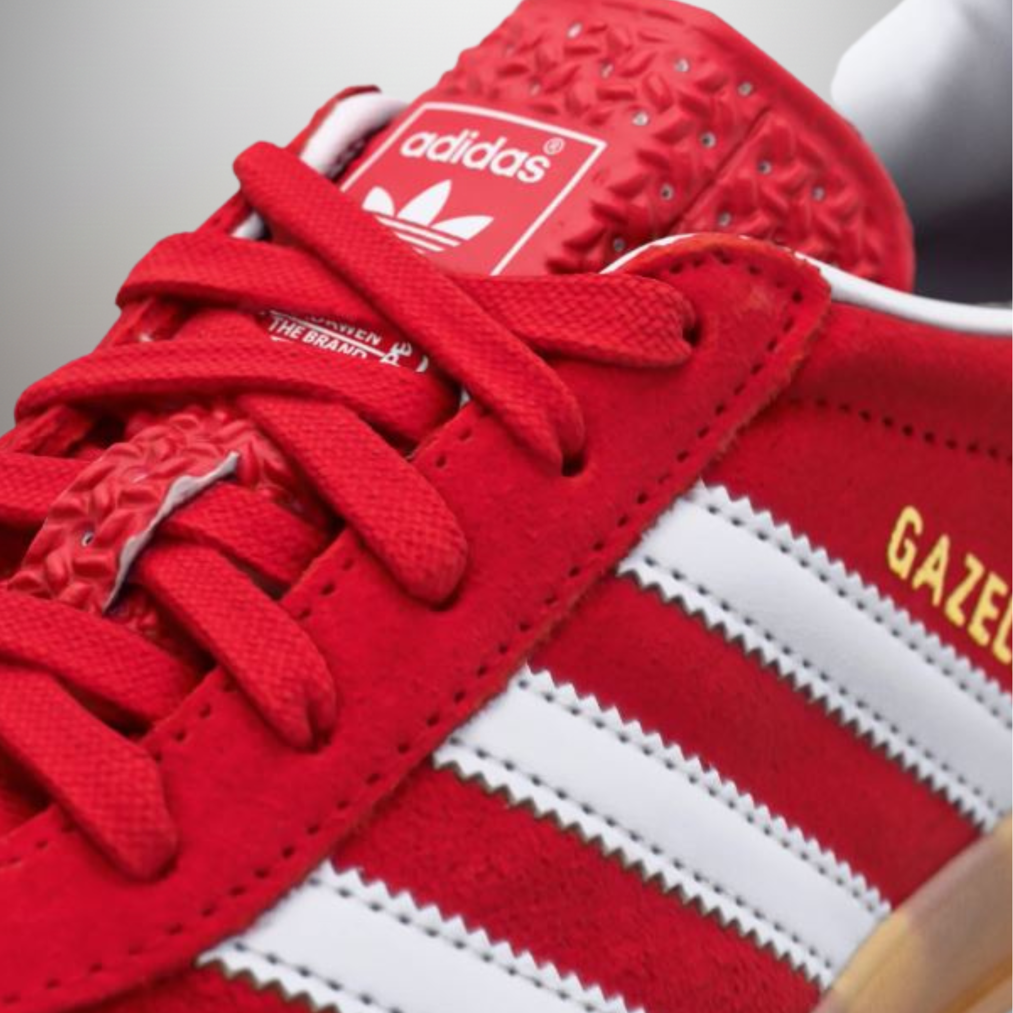 Zapatillas Adidas Gazelle Indoor rojo talla 44 detalle del logo "Gazelle" en dorado y ante premium